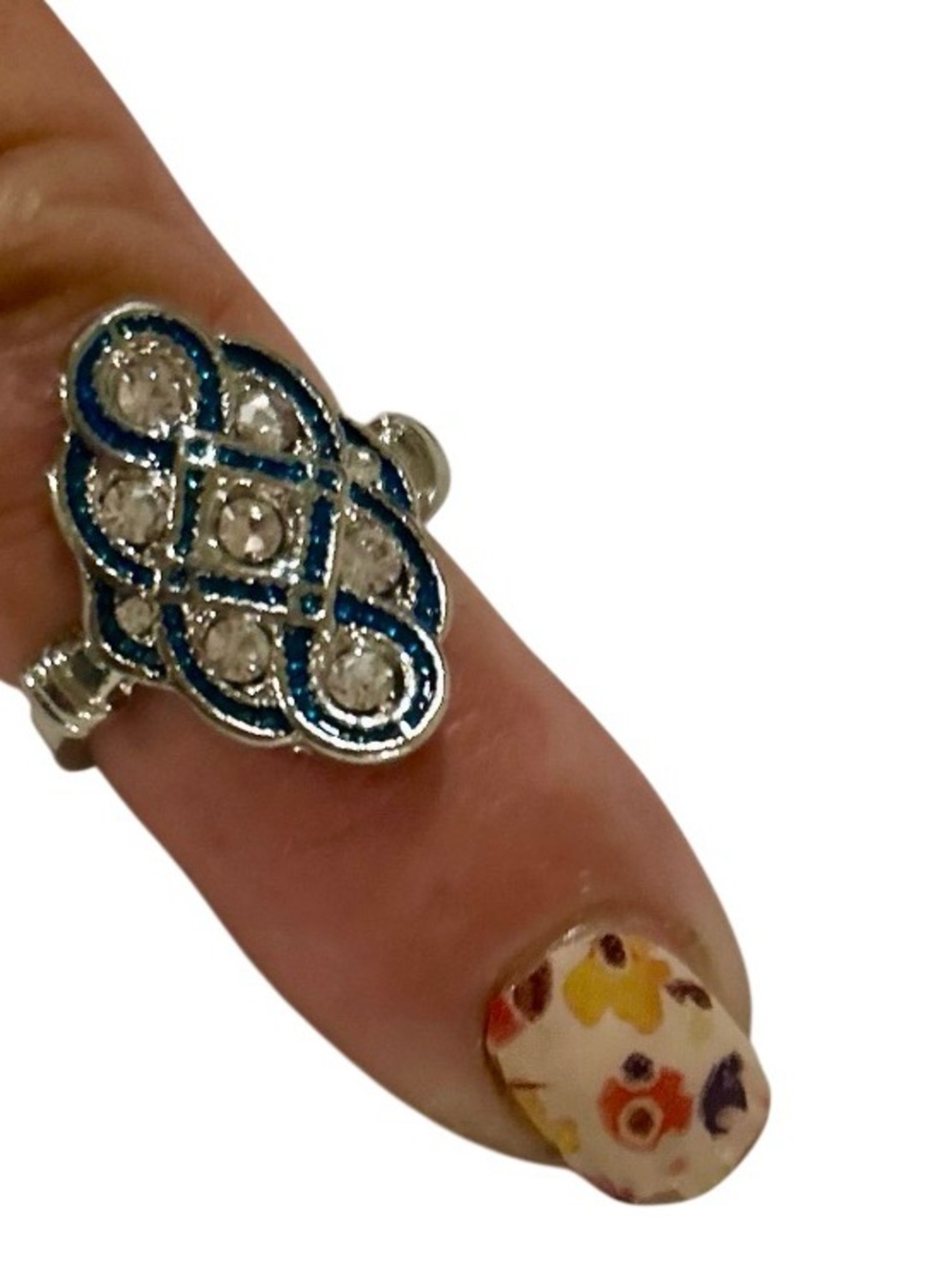 Silver-Tone Blue Enamel & Crystal Filigree Ring